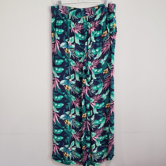 LOFT Linen Blend Pull-On Wide Leg Palazzo Pants Size M Navy Pink Green P… - Picture 10 of 13